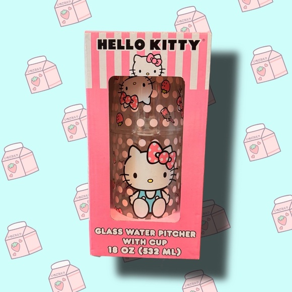 2024 Sanrio Hello Kitty Pink Polka Dot 18oz Glass Water Pitcher With 8oz Cup - Picture 1 of 4